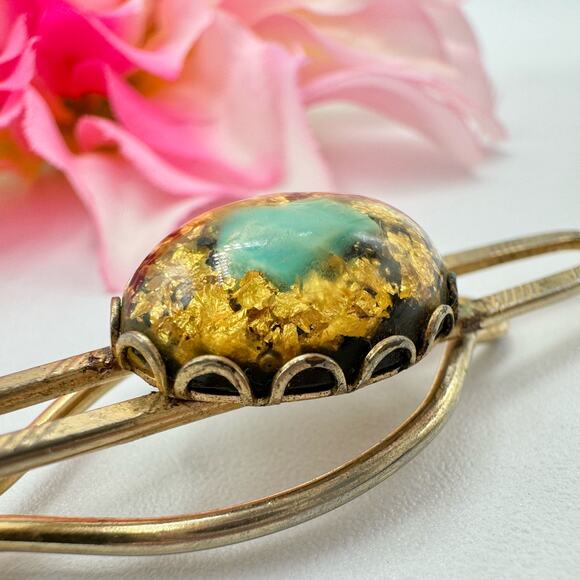 Vintage Gold Flake Turquoise Chip Tie Clip Unique Southwestern Retro Unsigned - Picture 2 of 11